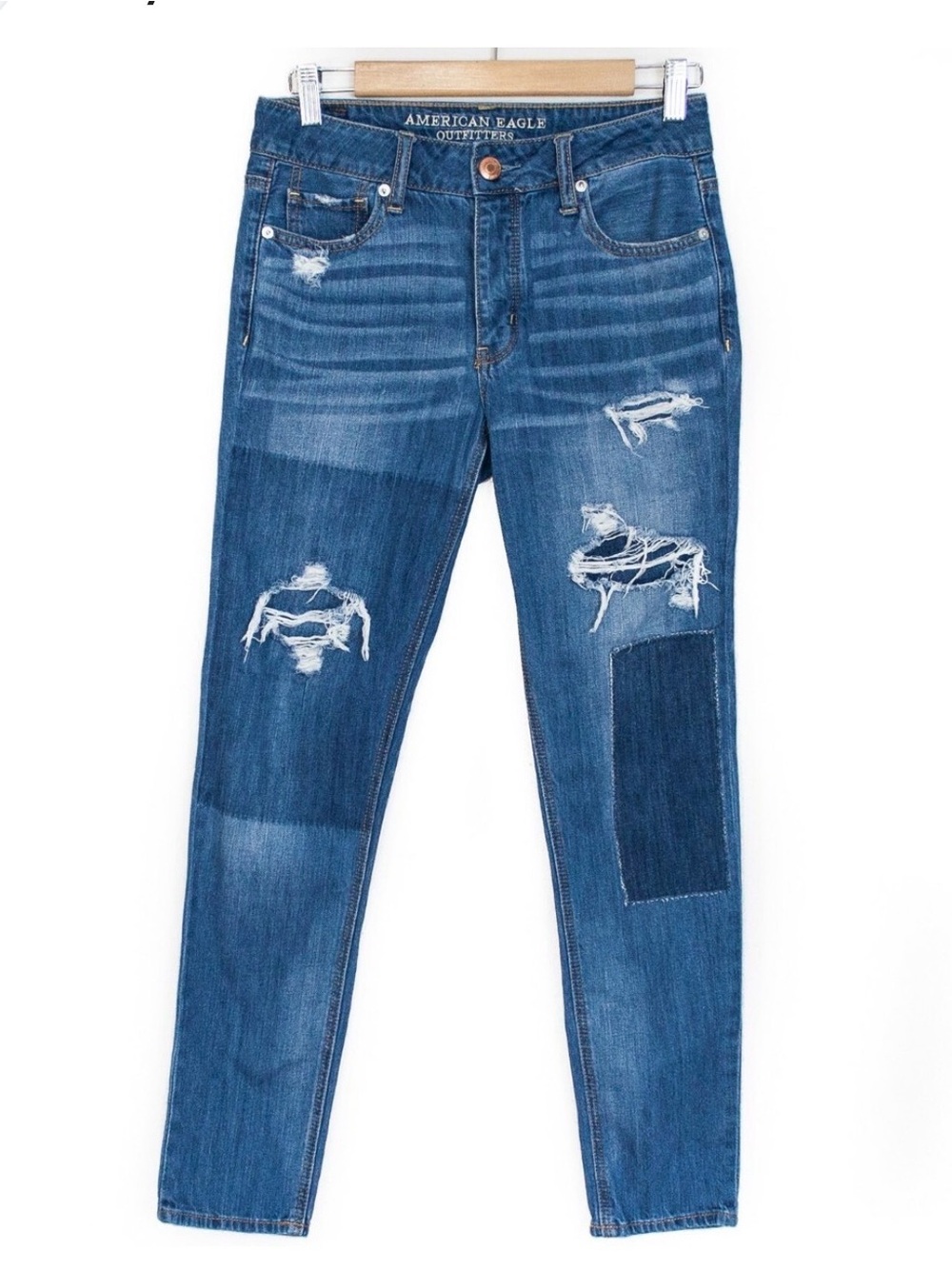 American Eagle Outfitters Tomgirl Distressed Patchwork Blue Denim Jeans